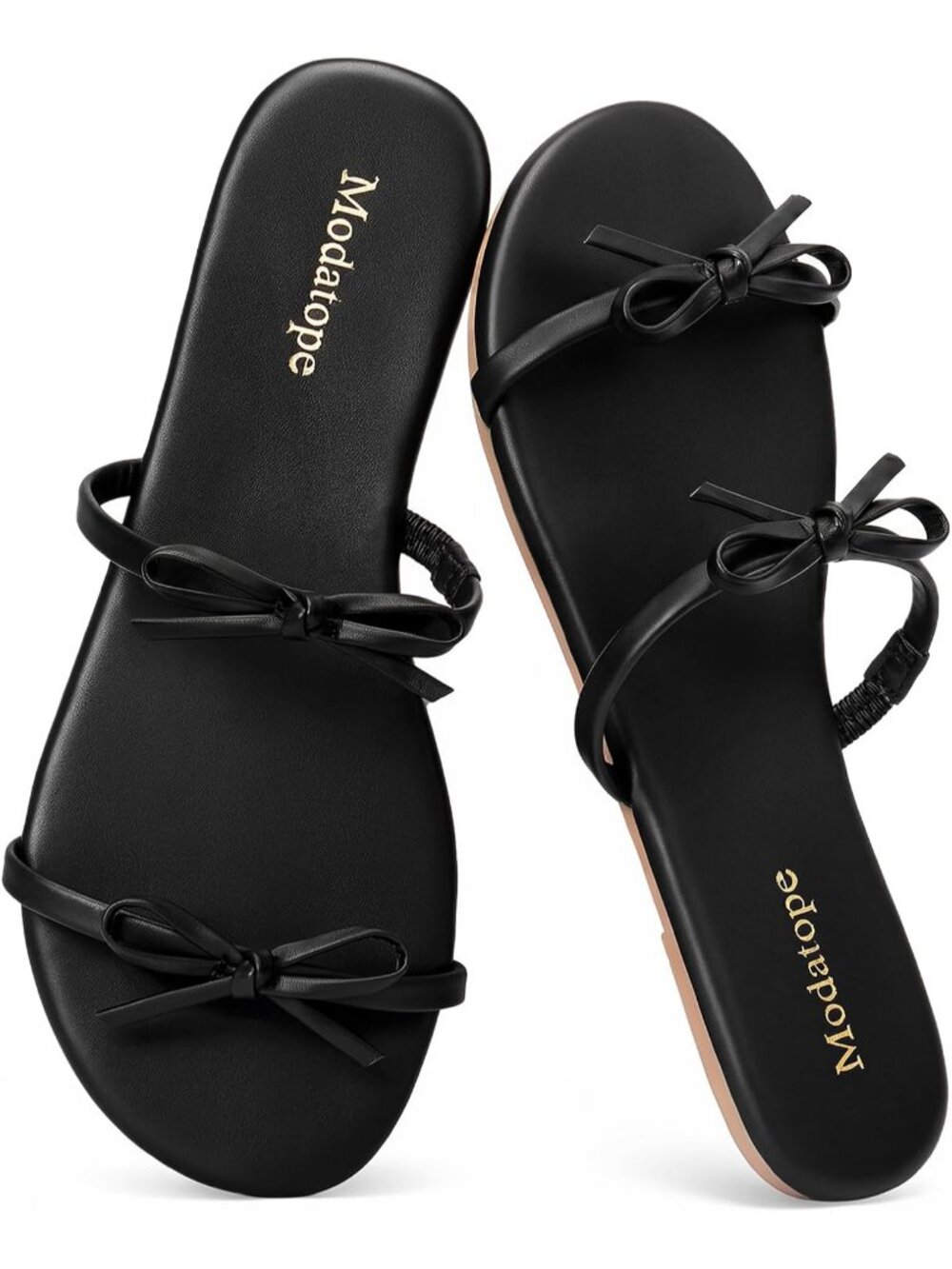 Women's Black Faux Leather Flat Cute Bow Sandals Fashion Slip On Summer Shoes